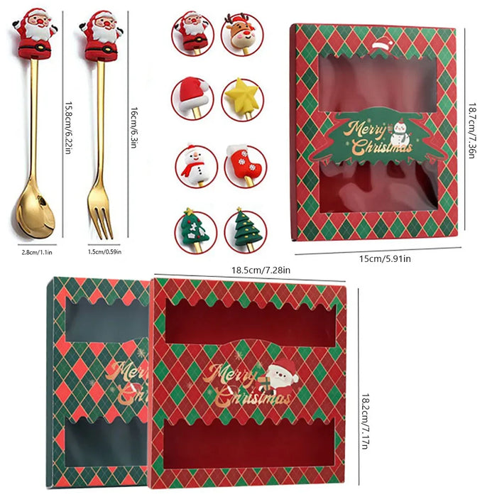 4 / 6 Piece Christmas Coffee Spoons & Forks Set Stainless Steel Red / Green Gift Box Kids' Gifts