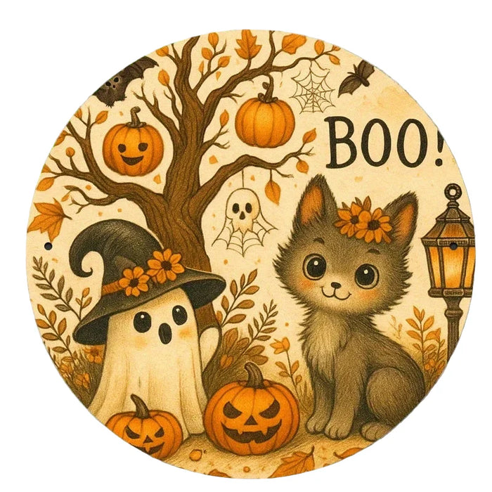 Vintage Round Iron Sign Cozy Halloween & Christmas Scene With Ghosts And Puppy