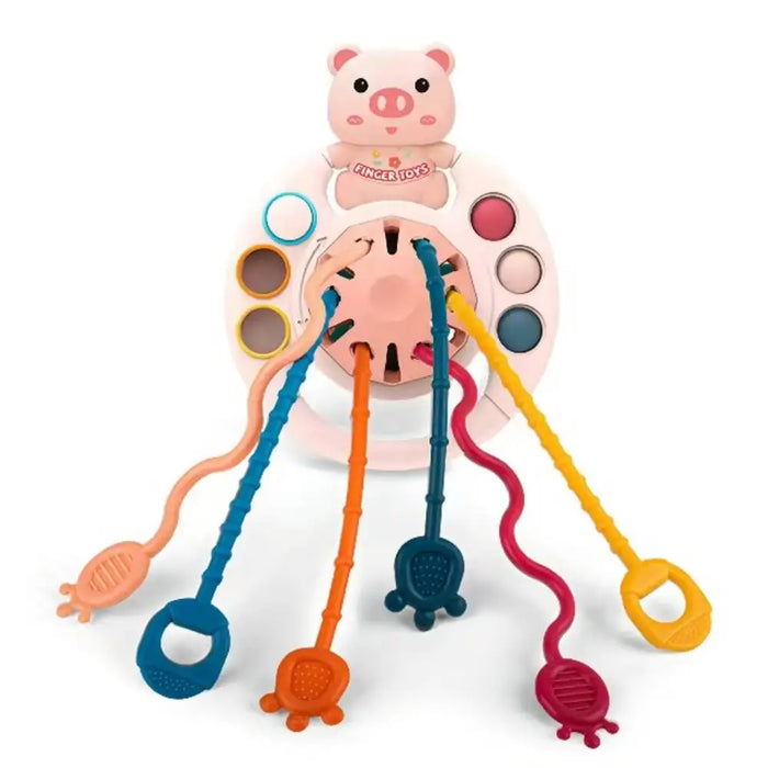 5 In 1 Pink Pig Silicone Pull String Baby Teething Montessori Sensory Toy For Stroller
