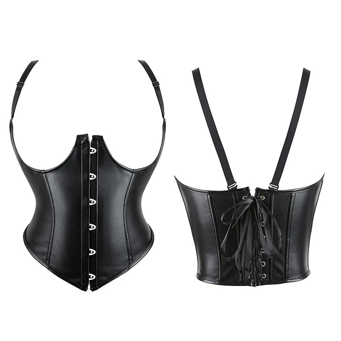Plus Size Black Leather Corset Waist Trainer Vest With Strap 10 Plastic Bones S-6Xl