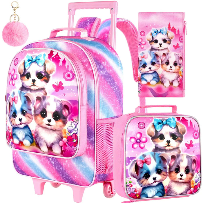 3 Piece Girls Rolling Backpack Set With Lunch Bag Dog
