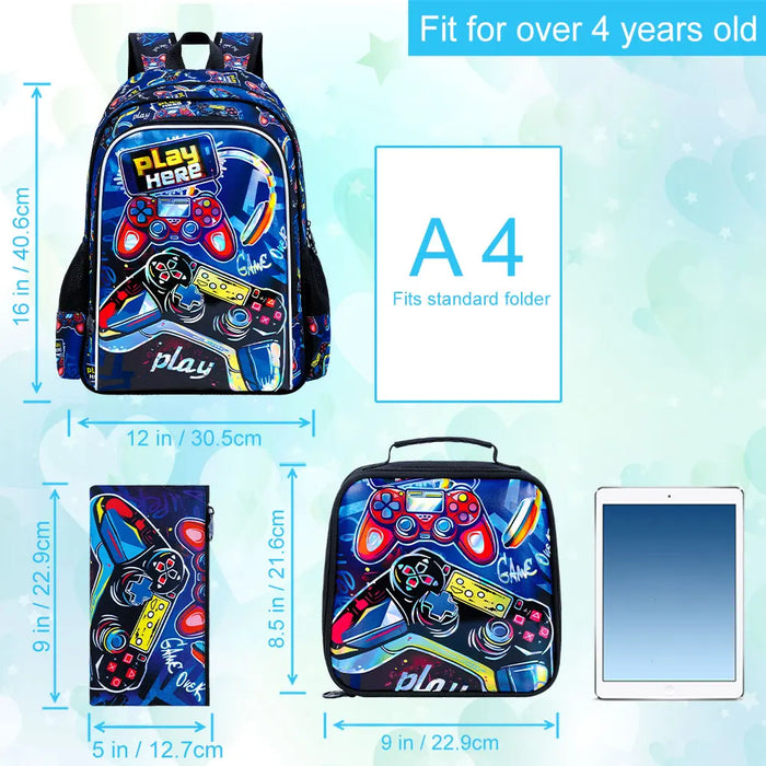 3 Piece Red Game Console Backpack Set For Boys 16 Inch Bookbag Lunch Box Preschool To Elementary