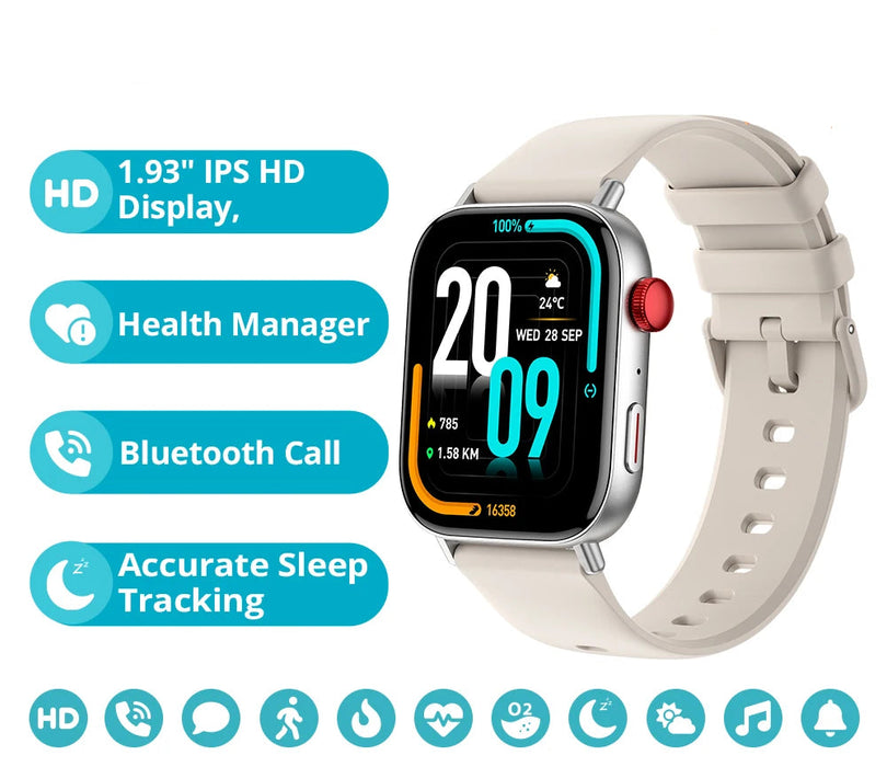 Unisex 1.93 Inch Large Hd Smartwatch With Voice Calling And Health Tracking