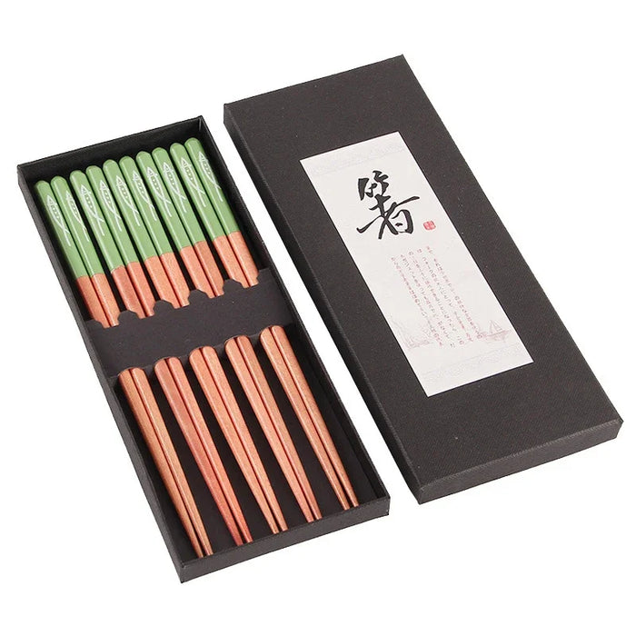 5 Pairs Wooden Chopsticks Set Non Slip Multi Colour Gift Box
