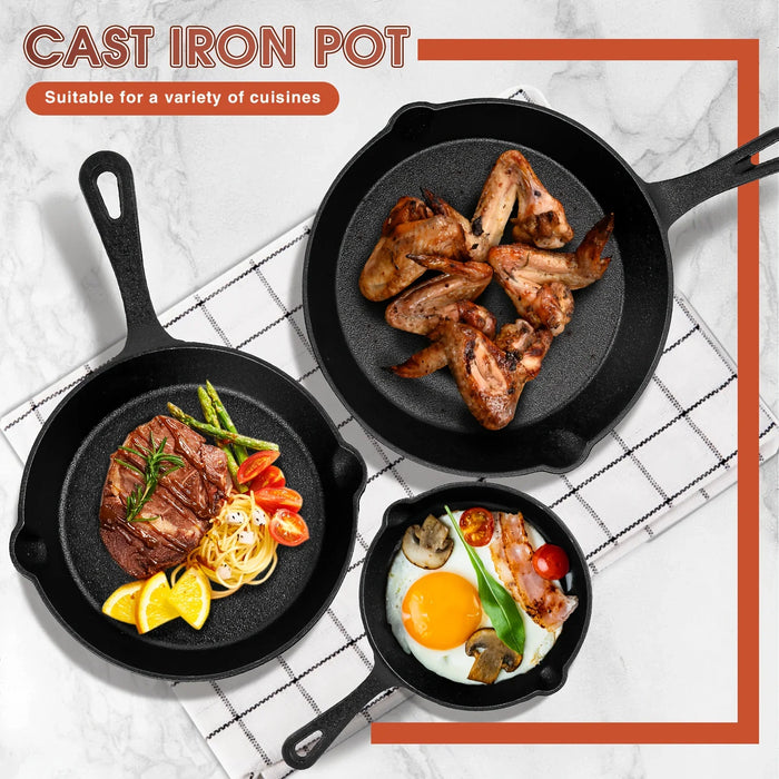 3 Piece Black Cast Iron Skillet Set Durable & Dishwasher Safe