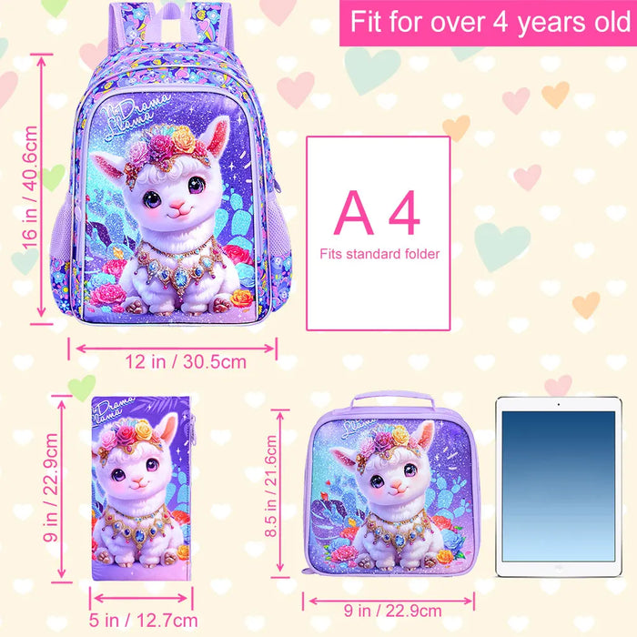 3 Piece Alpaca Backpack Set For Girls 16 Inch Elementary School