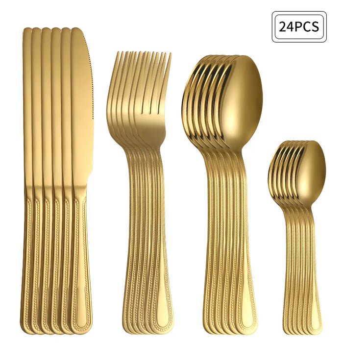 24 Piece Gold Stainless Steel Cutlery Set For Restaurant Kitchen