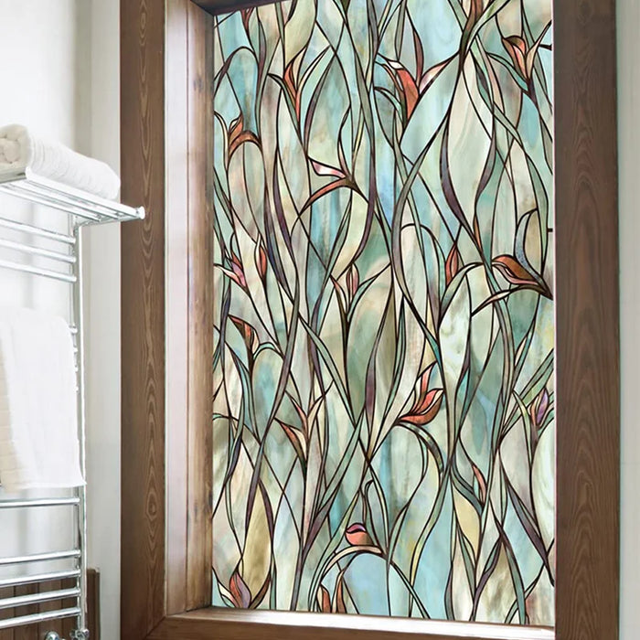 Green Leaf Flower Window Film - Stained Glass Stickers For Home Decoration