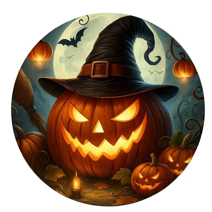 Vintage Halloween Witch & Pumpkin Lanterns Iron Sign Spooky Night Scene