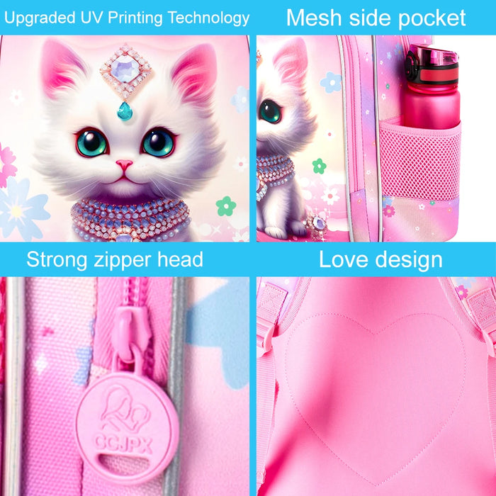 3 Piece Girls Backpack Set 16 Inch Cat Design For Elementary School With Lunch Box