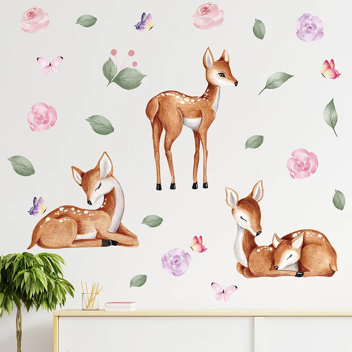 Watercolour Deer & Flower Wall Stickers For Kids Room Decor