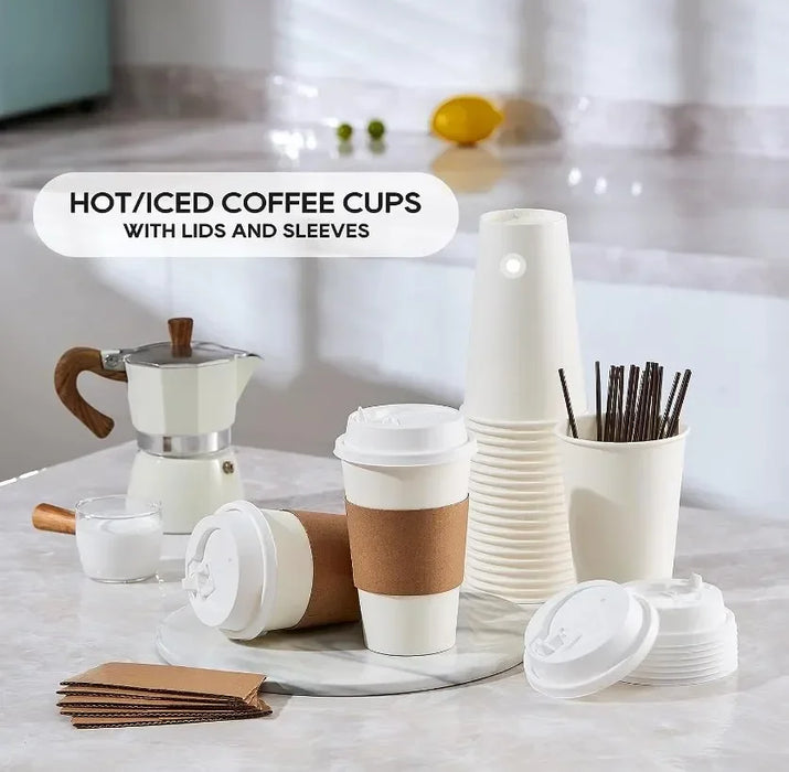 50 Pack 16Oz Disposable Coffee Cup Set With Lid And Sleeve Thick