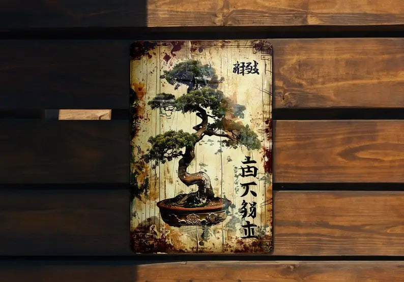 Retro Bonsai Tree Tin Sign Japanese Font Aged Wood Look