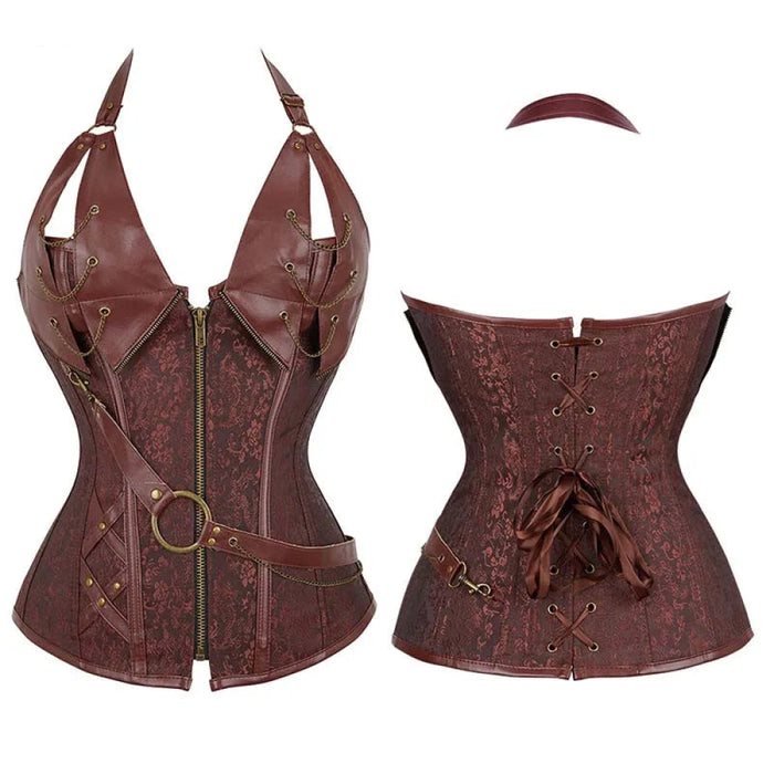 Deep V Halter Chest Binder Bustier Black Brown Steampunk Gothic Corset Plus Size With Zip