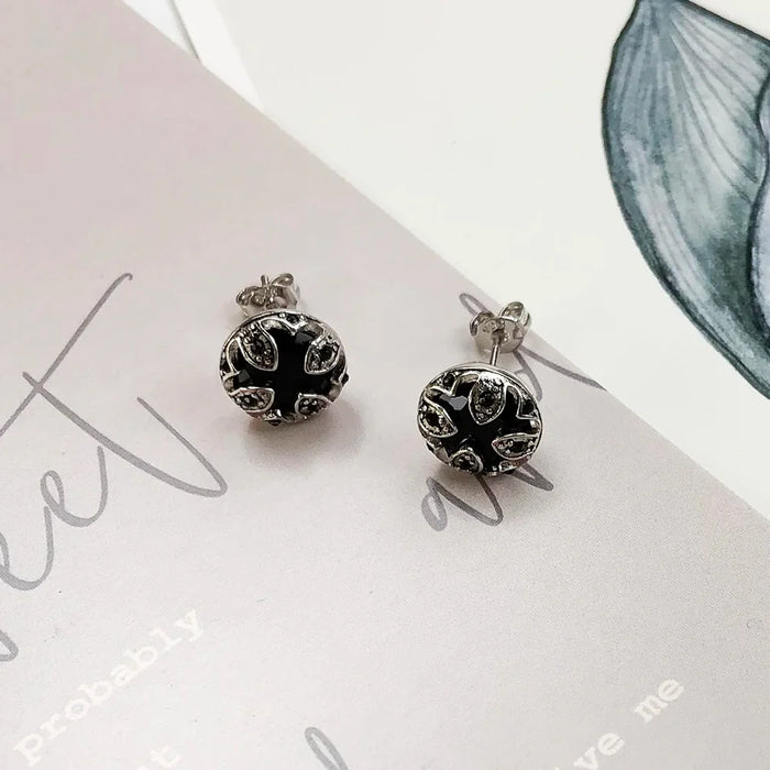 925 Sterling Silver Vintage Black Lotus Stud Earrings