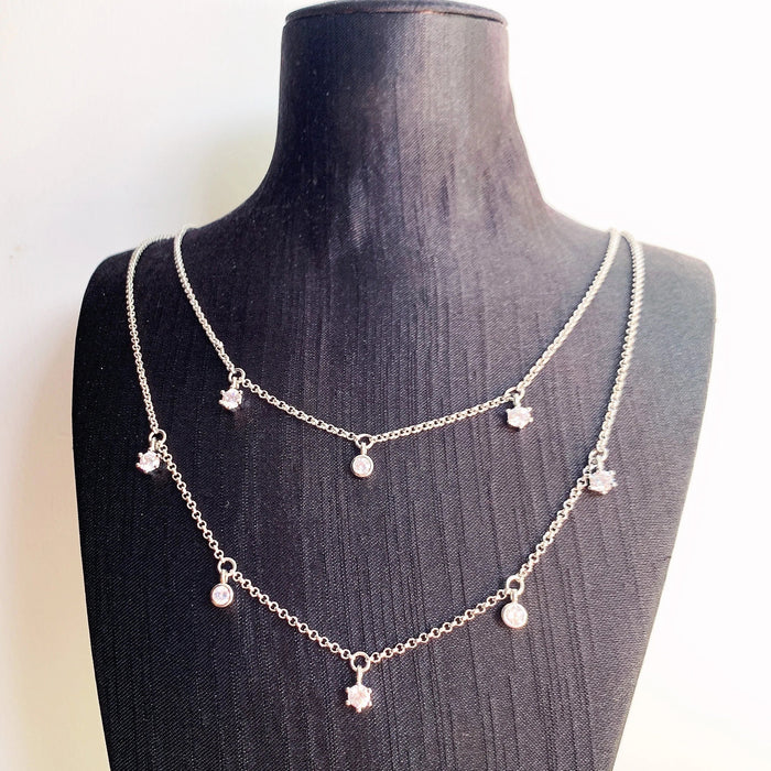 925 Sterling Silver Layered White Stone Necklace Romantic Gift