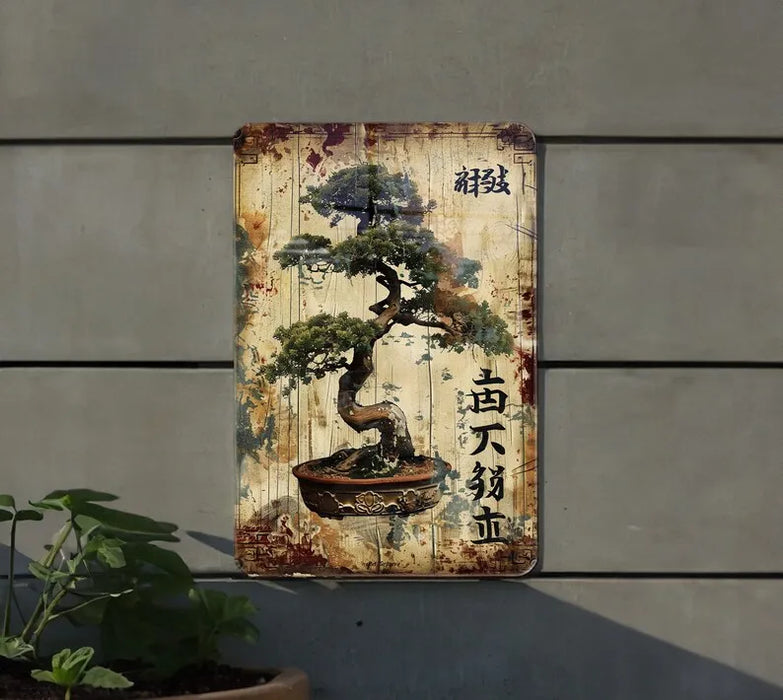 Retro Bonsai Tree Tin Sign Japanese Font Aged Wood Look