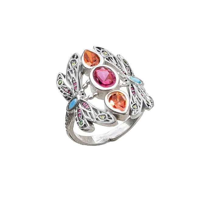 925 Sterling Silver Bohemian Dragonfly Ring Handcrafted Colourful Jewelry Happy For Women