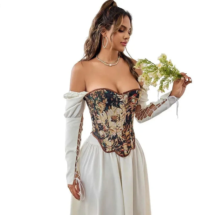 Floral Fishbone Corset Top Retro Bodice Plus Size Xs-Xl Flounce Irregular Bustier