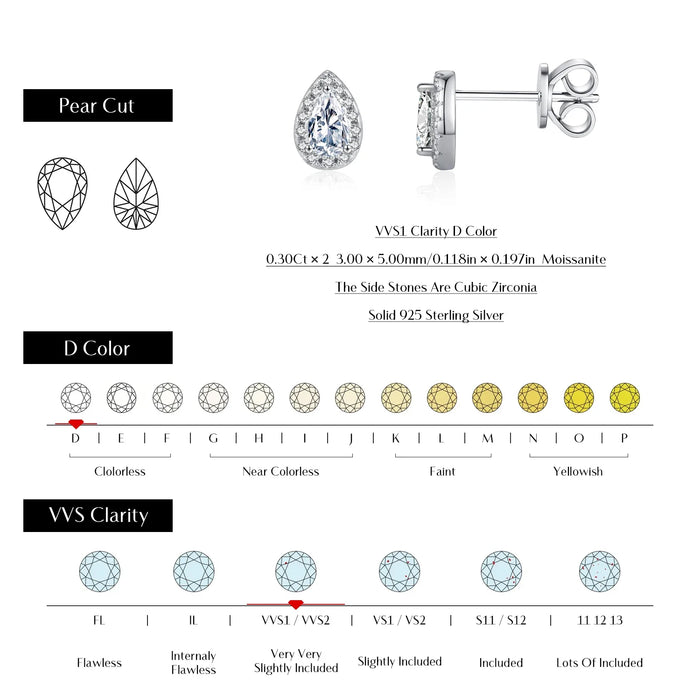 925 Sterling Silver Pear Moissanite Stud Earrings For Women