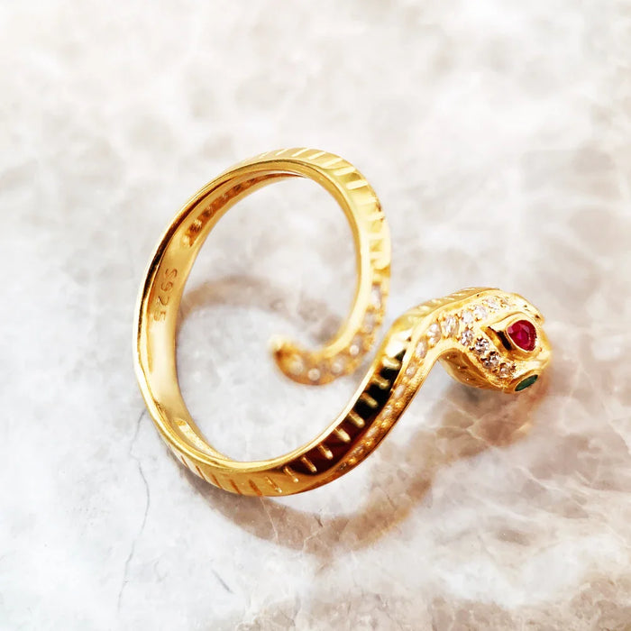 925 Sterling Silver Real Golden Snake Ring Animal For Women