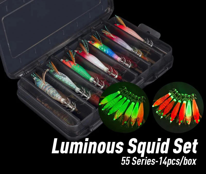 14Pcs Luminous Squid Jig Set With Bkk Hook