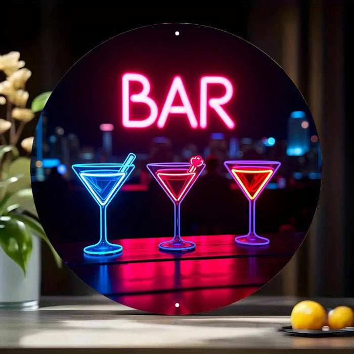 Retro Neon Cocktail Bar Sign City Skyline Metal Art For Home Pub & Cafe