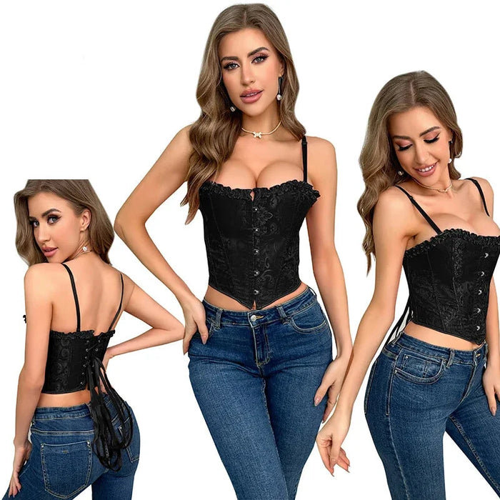Victorian Ruffled Lace-Up Corset Crop Top Plus Size S-6Xl 12 Plastic Bones Strap