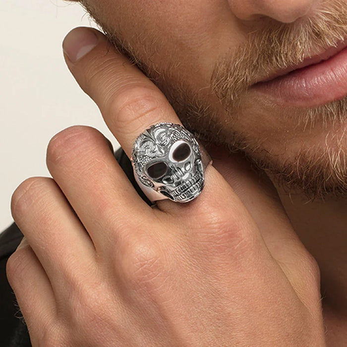 925 Sterling Silver Vintage Blackened Lily Skull Ring Men / Women