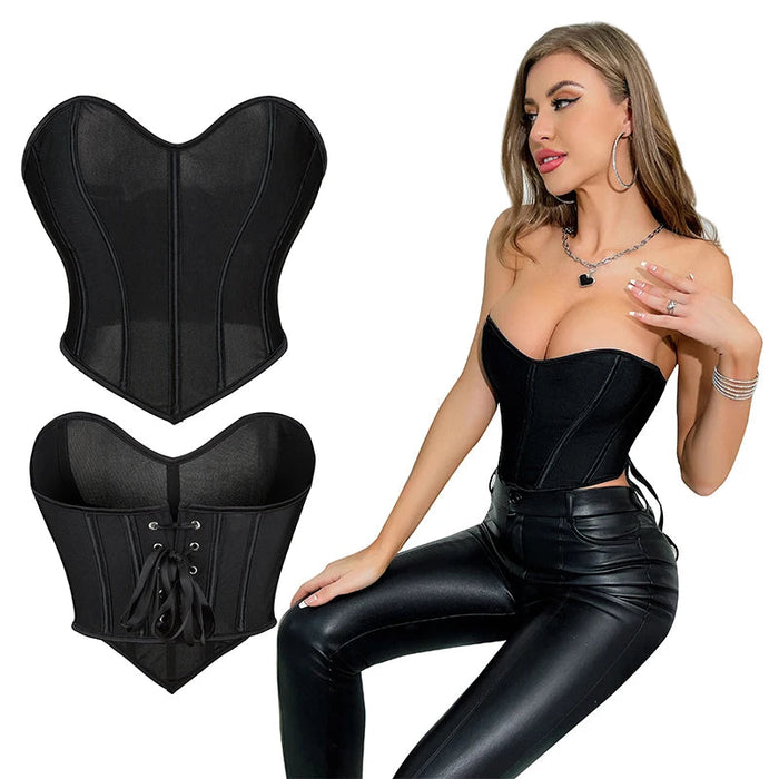 Mesh Cropped Top Corset Black Hollow Out Sweetheart Shape For Plus Size Women
