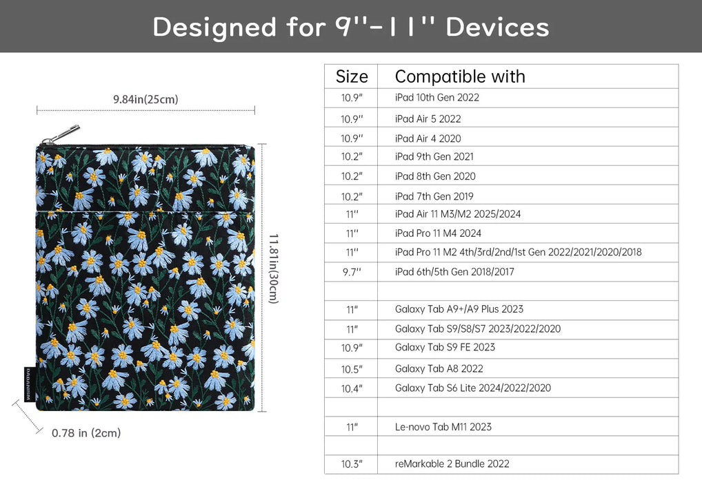 For Ipad A16 11Th Gen 11 Inch / 10Th Gen 10.9 6 Inch Kindle / Kobo 9-11 Inch Embroidered Daisy Padded Carrying Case Protective Tablet Sleeve
