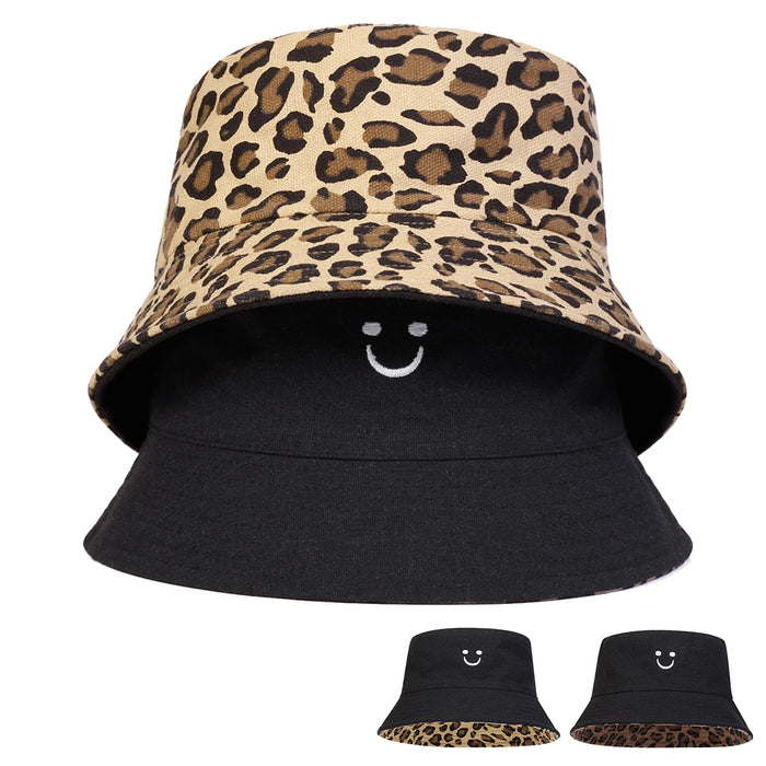 Smiling Leopard Print Double Sided Bucket Hat Unisex Sunscreen Cap