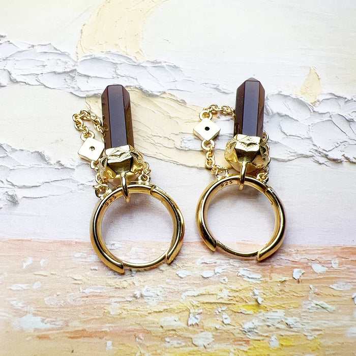 925 Sterling Silver Vintage Tiger Eye Hoop Earrings