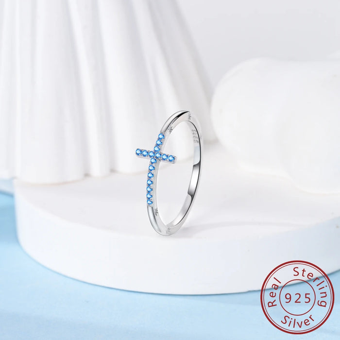 925 Sterling Silver Sea Blue Cross Ring Fashionable & Elegant For Women Parties Weddings & Anniversaries