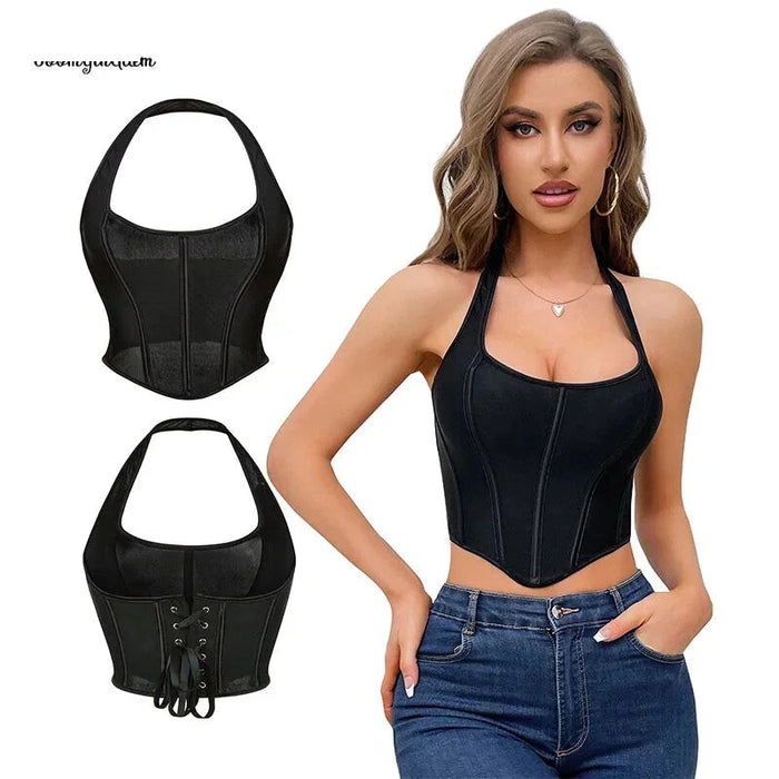 Translucent Lace Bustier With Glue Bones & Asymmetrical Hem Plus Size Halterneck Crop Top