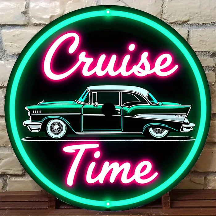 Retro Car Sign 7.8 Round Aluminum Wall Art For Bar Cafe Or Beach Decor