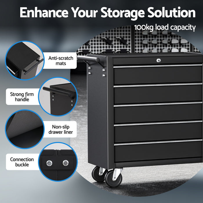 Tool Chest Trolley 10 Drawers Toolbox Storage Black
