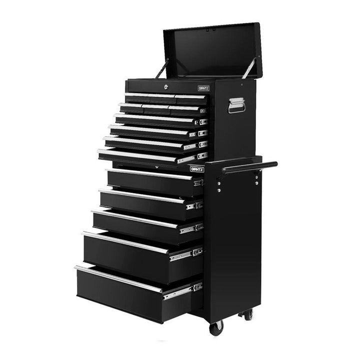 15 Drawers Tool Chest Trolley Toolbox 2-In-1 Storage Black