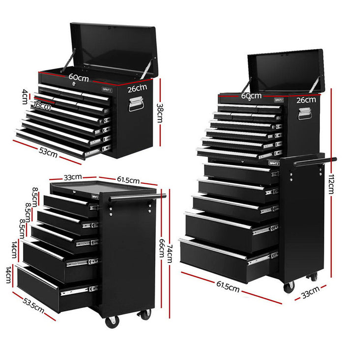 15 Drawers Tool Chest Trolley Toolbox 2-In-1 Storage Black