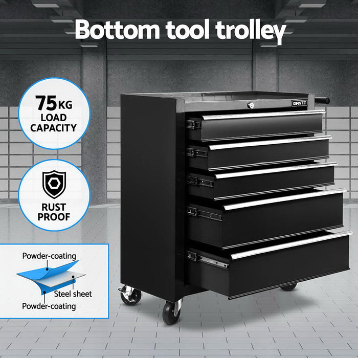 15 Drawers Tool Chest Trolley Toolbox 2-In-1 Storage Black