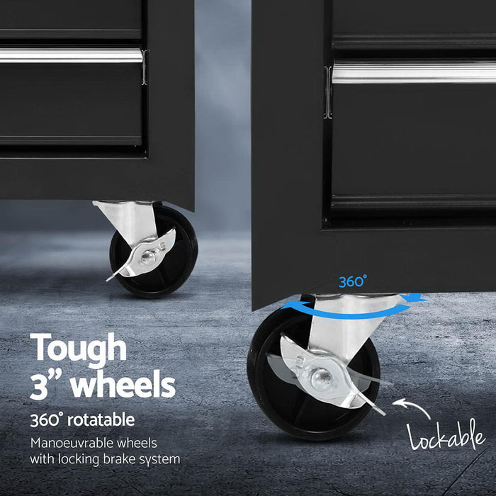 15 Drawers Tool Chest Trolley Toolbox 2-In-1 Storage Black