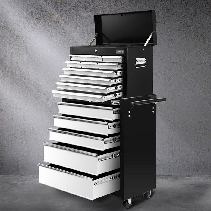 15 Drawers Tool Chest Trolley Toolbox 2-In-1 Storage Black& Grey