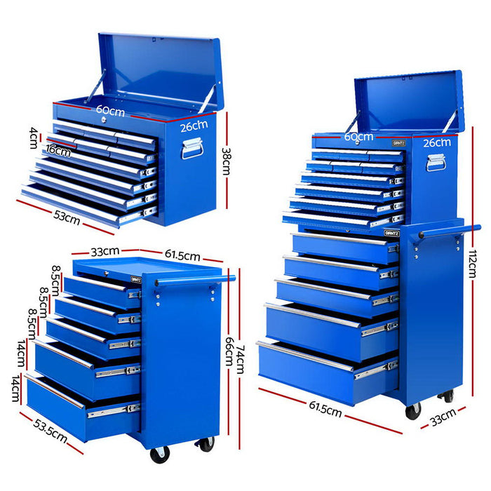 15 Drawers Tool Chest Trolley Toolbox 2-In-1 Storage Blue