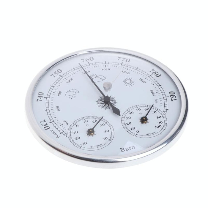 128Mm Silver Wall Hanging Weather Station With Barometer Thermometer And Hygrometer