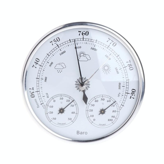 128Mm Silver Wall Hanging Weather Station With Barometer Thermometer And Hygrometer