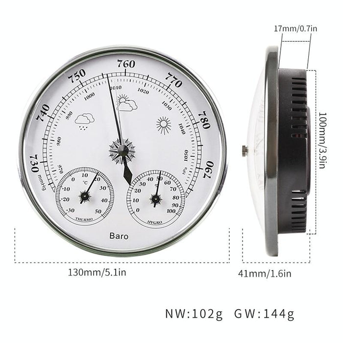 128Mm Silver Wall Hanging Weather Station With Barometer Thermometer And Hygrometer