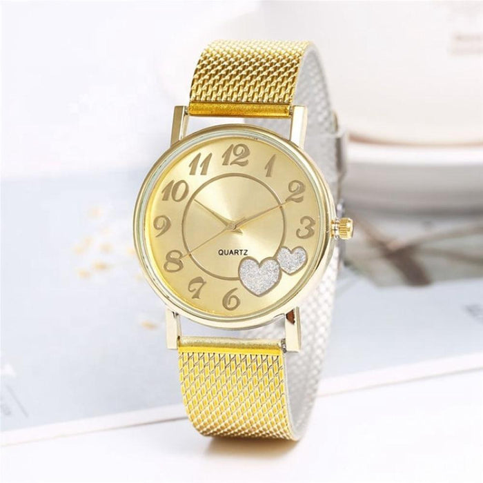 Golden Alloy Mesh Belt Double Heart Watch For Women Gold