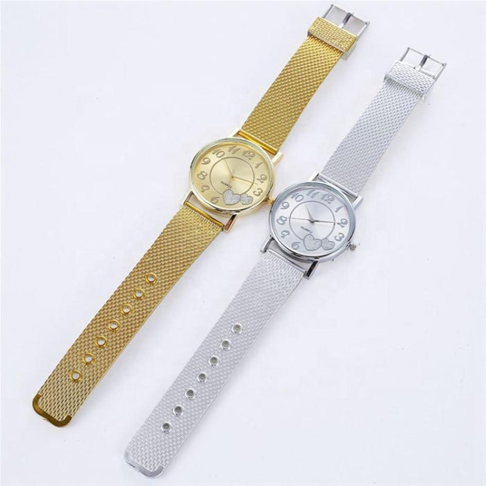 Golden Alloy Mesh Belt Double Heart Watch For Women Gold