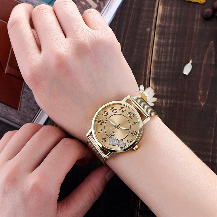 Golden Alloy Mesh Belt Double Heart Watch For Women Gold