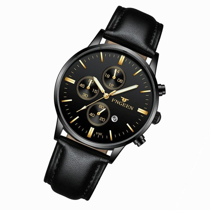 W5128 Men Three Eyes Subdial Luminous Quartz Student Simple Watch All Black Surface Golden Nails